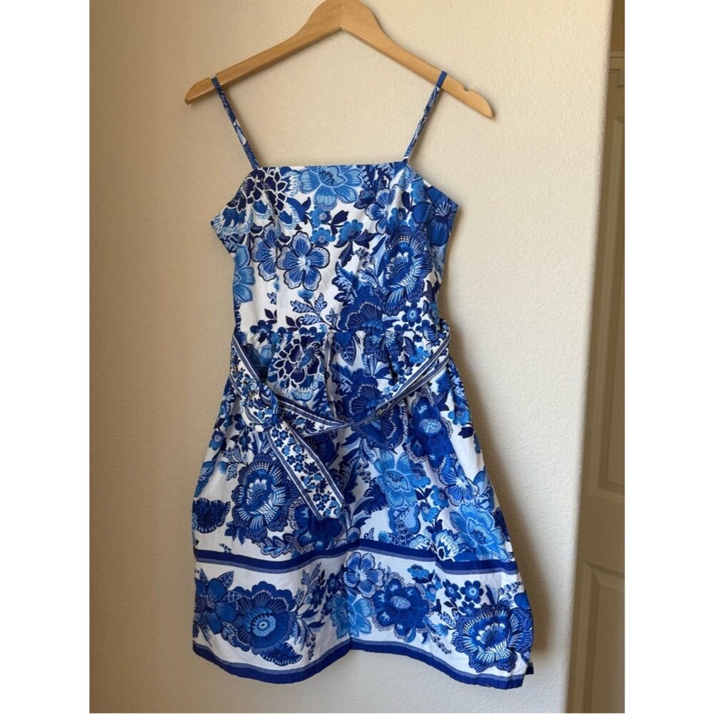 Joie Blue & White Floral Mini Dress Size 10 | Spaghetti Strap Belted Summer